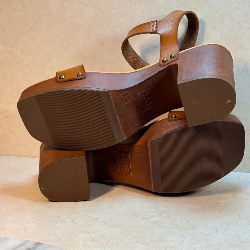 Madden NYC Lifft‎ Platform Block Heel Sandals Tan Leather Buckle Ankle Strap 9